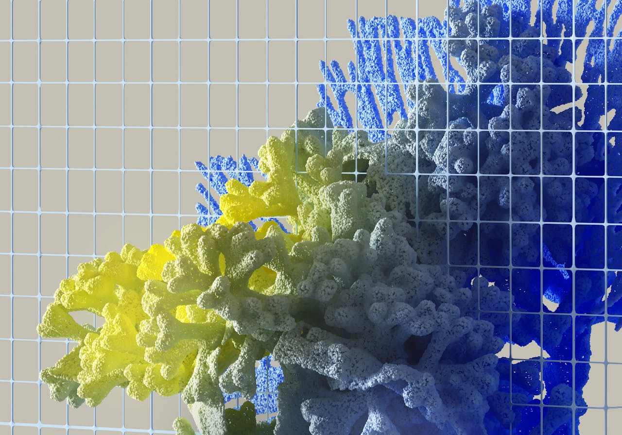 Vibrant abstract 3D render featuring colorful coral-like structures against a grid background.