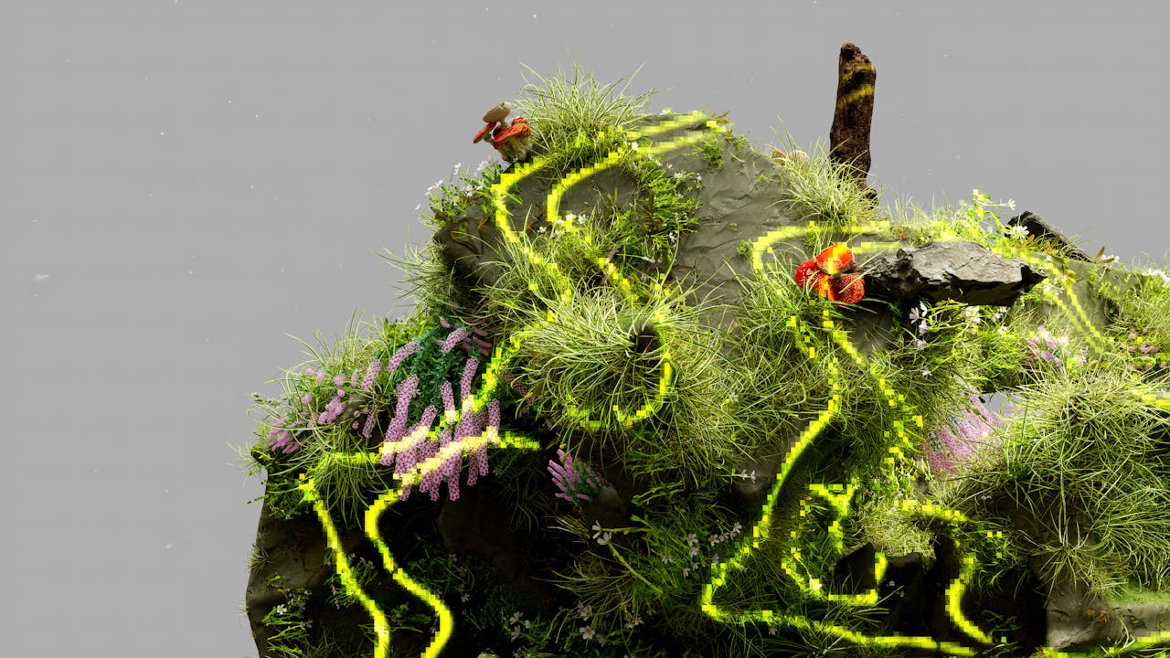 A conceptual landscape blending nature with digital AI elements.